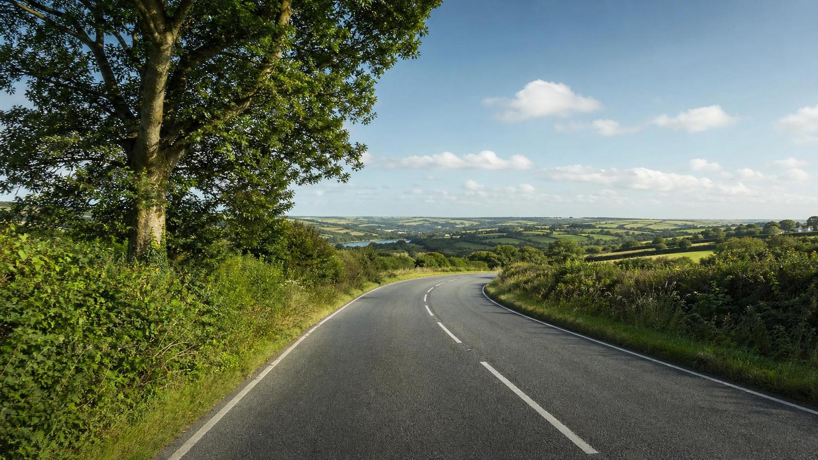 Tree-lined rural road in the Cornwall countryside with fields and bright afternoon light